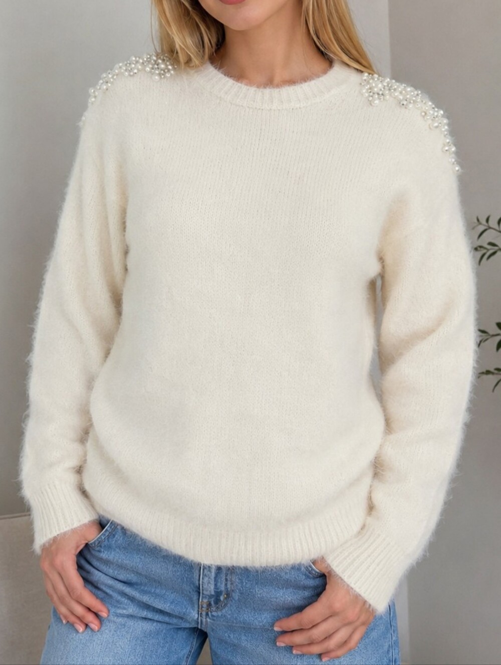Katsumi Pearl Accented Shoulder Soft Fuzzy Ivory Pullover Sweater